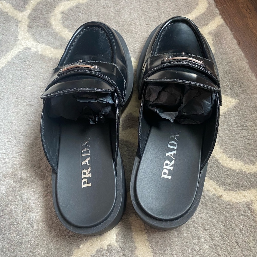 Prada Black Leather Slip-On Mules with Silver Logo - Picture 5 of 6